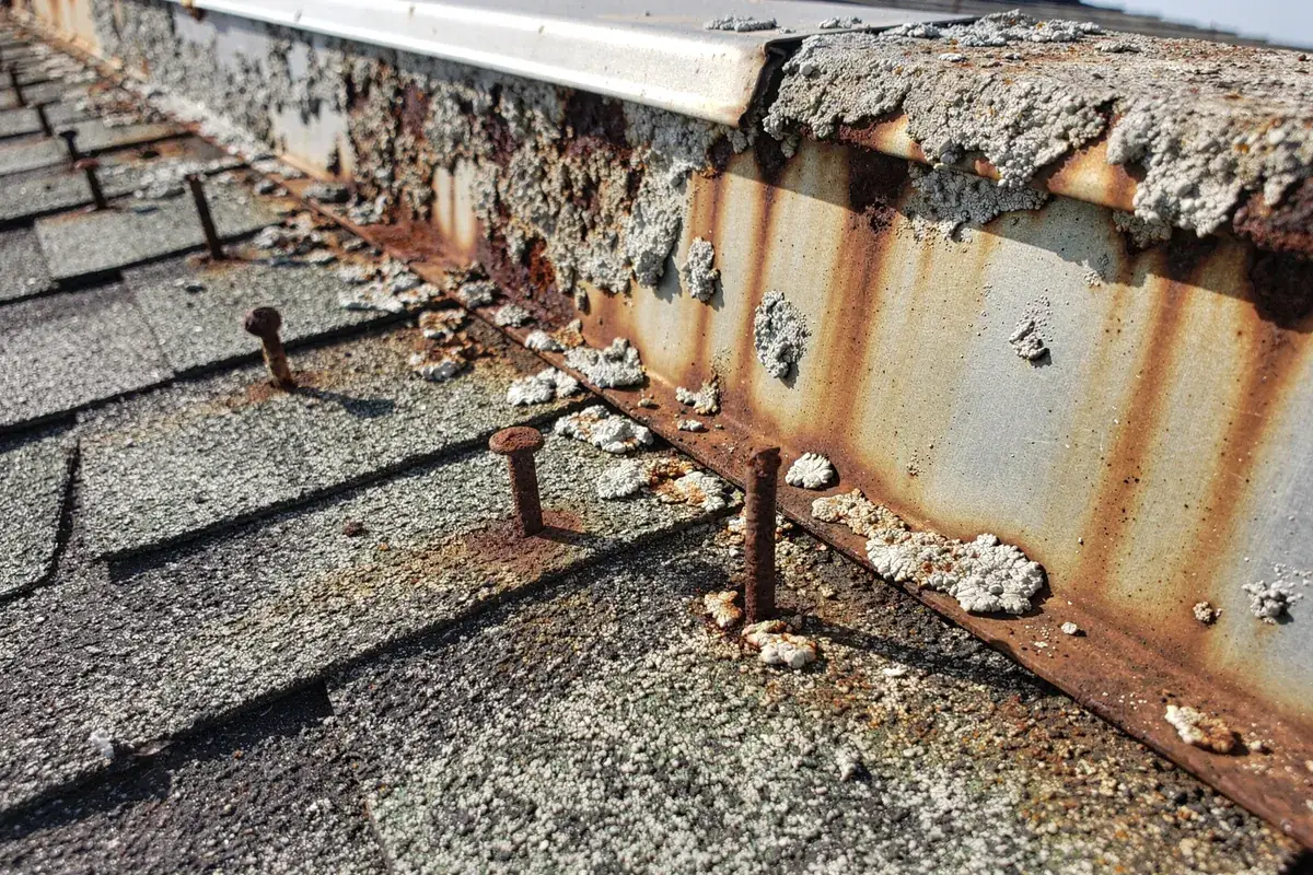 Rusted roofing nails and corroded flashing on a coastal roof